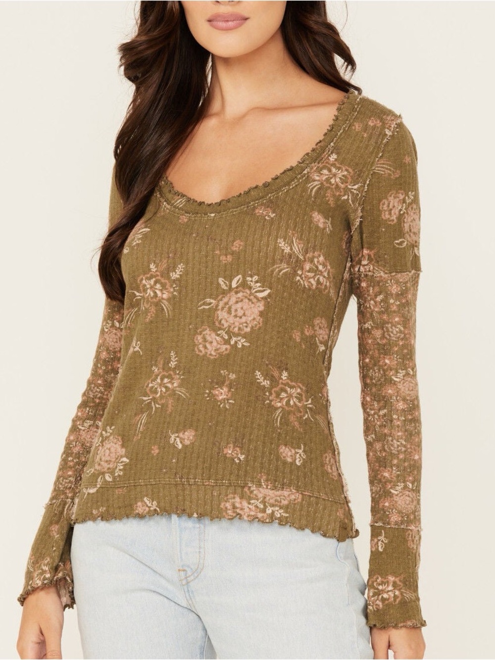 We The Free Olive Clover Printed Thermal Long Sleeve Top (Medium)